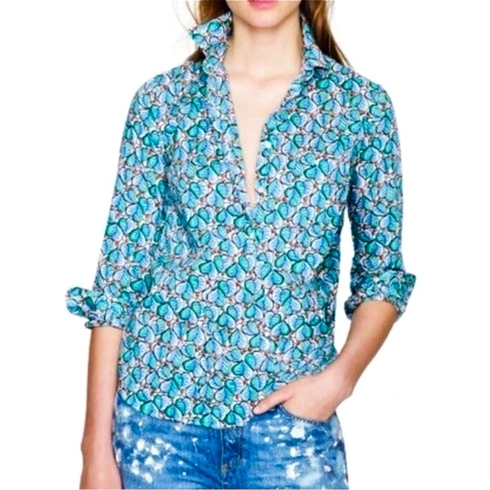 J.Crew Leaf Print Blouse Long Sleeve Women Size 2 Cotton Green Blue Lightweight